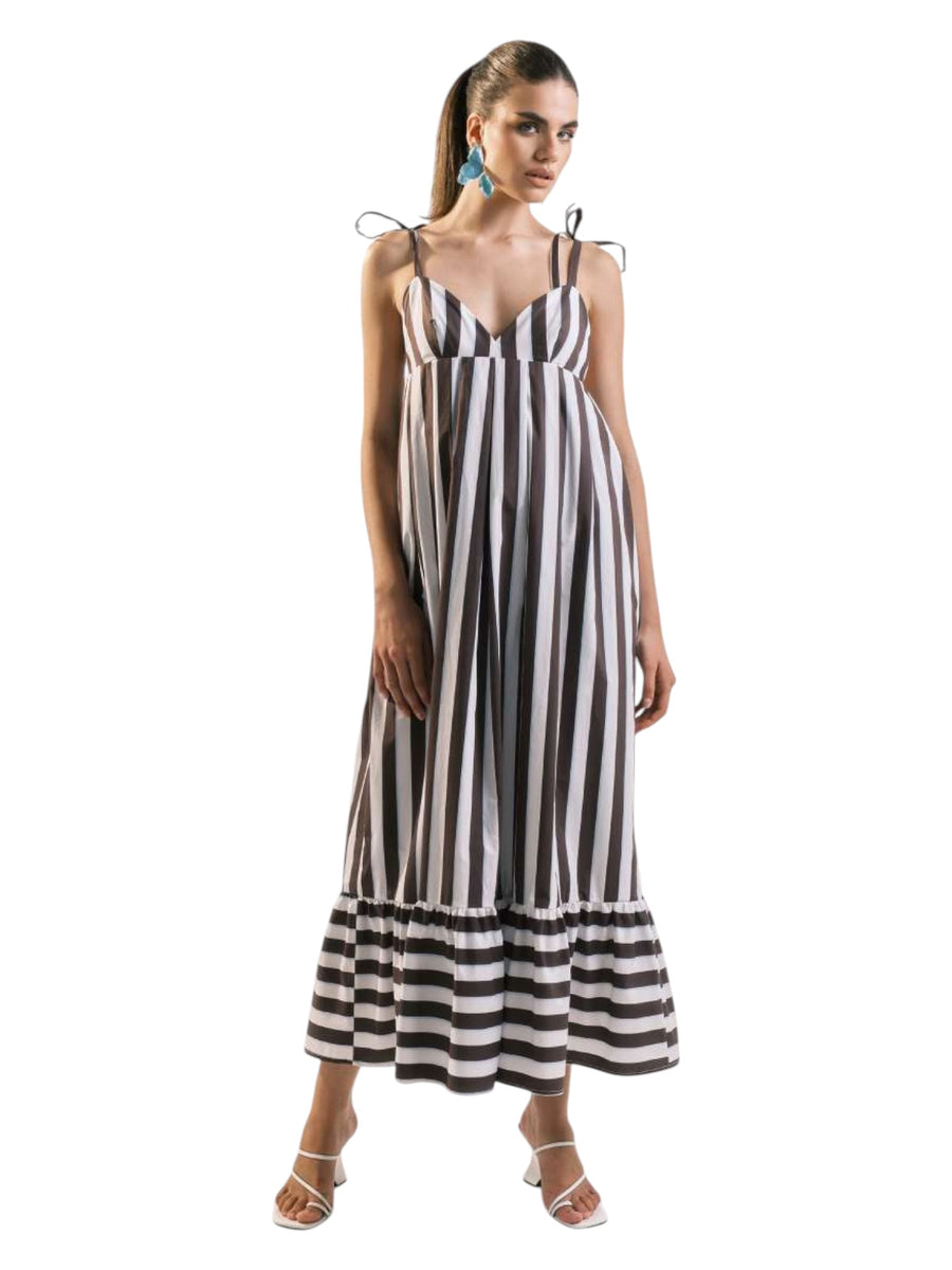 Striped V-Neck Tie-Shoulder Beach Cover-Up Dress