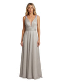 Silver Metallic Plunge Column Gown