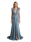 Steel Blue Feather-Trim Satin Gown