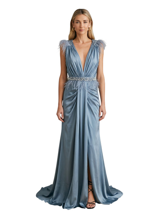 Steel Blue Feather-Trim Satin Gown