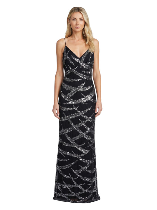Black Silver Sequin-Stripe Spaghetti Gown