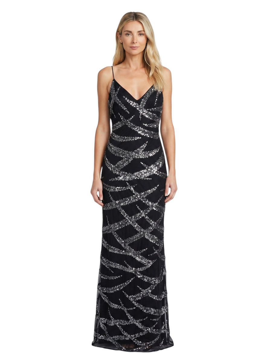 Black Silver Sequin-Stripe Spaghetti Gown