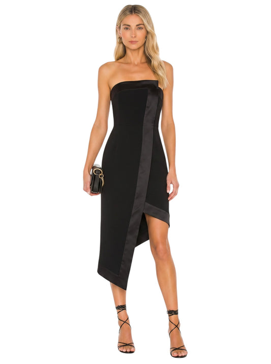 Black Strapless Satin-Panel Asymmetric Midi