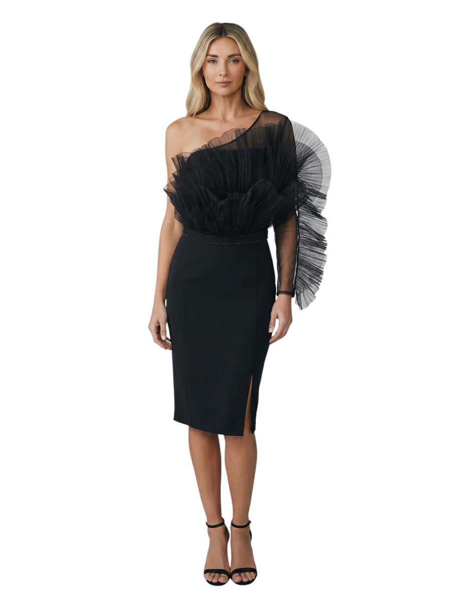 Black Tulle Ruffle Pencil Midi