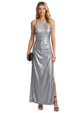Steel Metallic Jewelled-Strap Column Gown