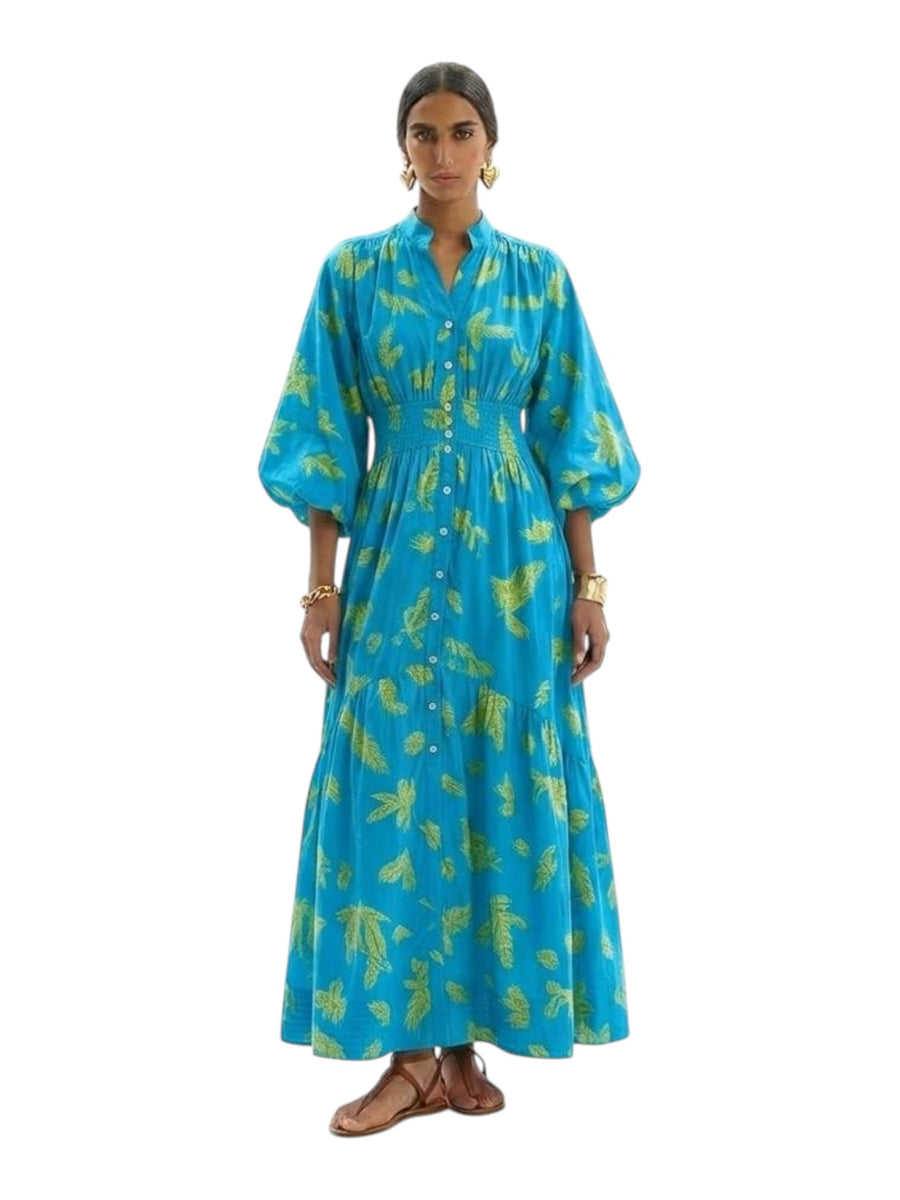 Azure Tropical Balloon-Sleeve Maxi