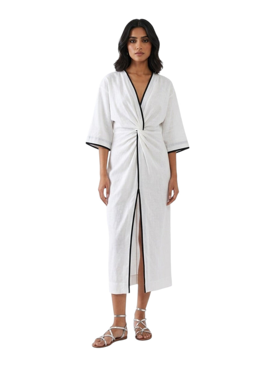 White Linen Twist-Front Midi