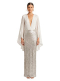 Crystal-Studded Draped Cape Bodysuit
