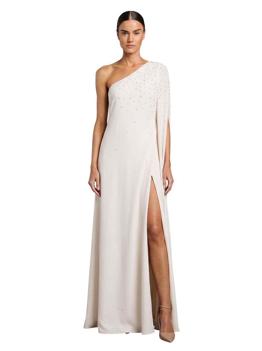 One-Shoulder Cape-Sleeve Flowy Maxi Dress
