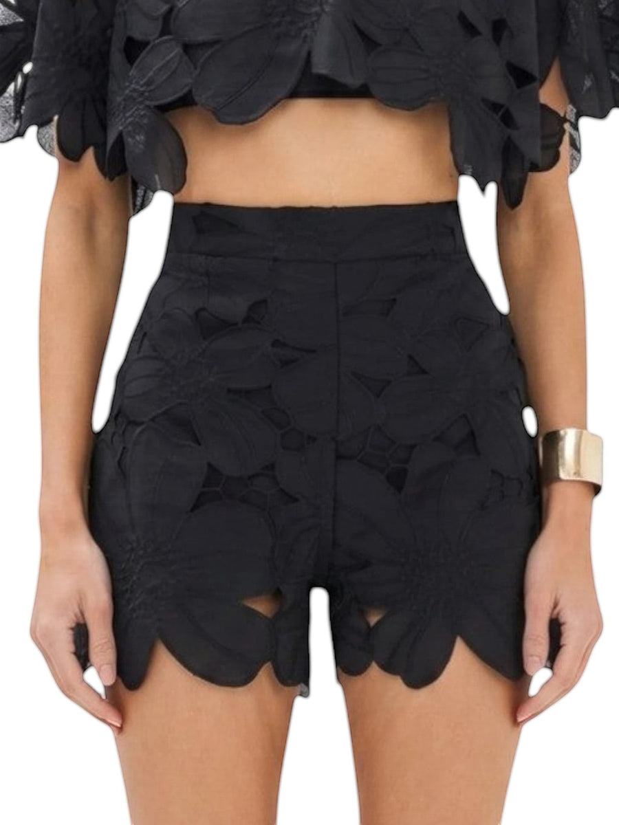 Floral Cutwork High-Waist Shorts