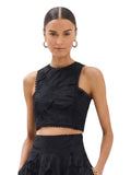 Paula Fashion House black floral lace crop top with scalloped trim and sleeveless design.