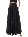 Paula Fashion House black floral lace maxi skirt with A-line silhouette and high waistband. Model wears a matching crop top.