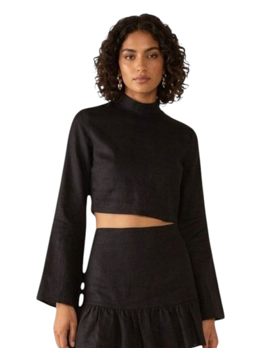 Black Linen Mock-Neck Bell-Sleeve Crop Top