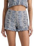 Paula Fashion House blue and ivory woven high-waist shorts with vertical pattern and fringe hem.