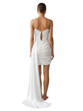 Paula Fashion House Diana T white satin mini dress with spaghetti straps, ruched detailing, and a dramatic train.