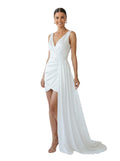 Paula Fashion House Diana T white satin mini dress with draped train and V-neckline.