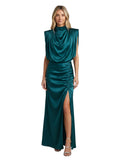 Paula Fashion House emerald green satin cowl neck maxi dress with ruched side slit and shoulder pads.