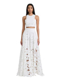 Paula Fashion House white floral lace maxi skirt with A-line silhouette and high waistband.