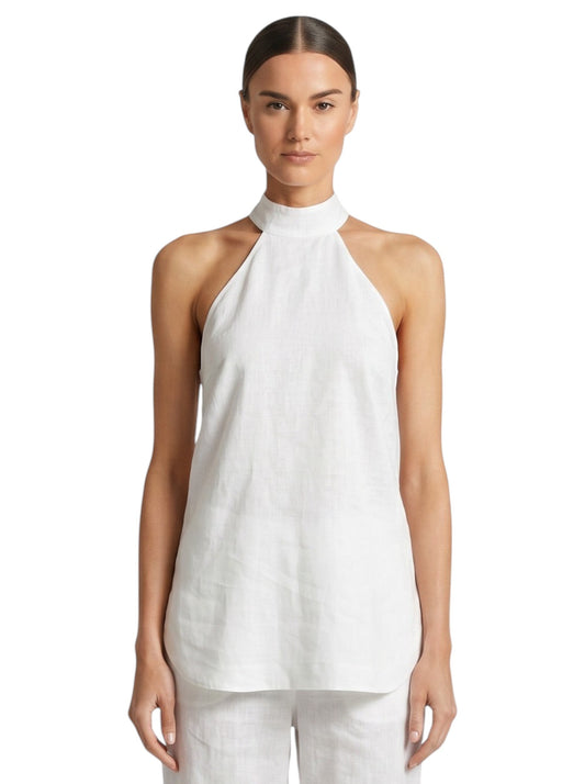 Paula Fashion House white linen halter neck top with a high neckline and relaxed fit.
