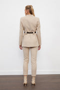 beige belted jacket pants set