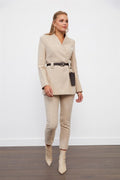 beige belted jacket pants set