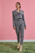 gray crop jacket high waist belt pants suit