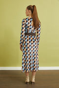 Blue-Brown Geometric Pattern Belt Dress