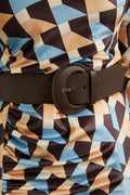 Blue-Brown Geometric Pattern Belt Dress
