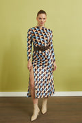 Blue-Brown Geometric Pattern Belt Dress