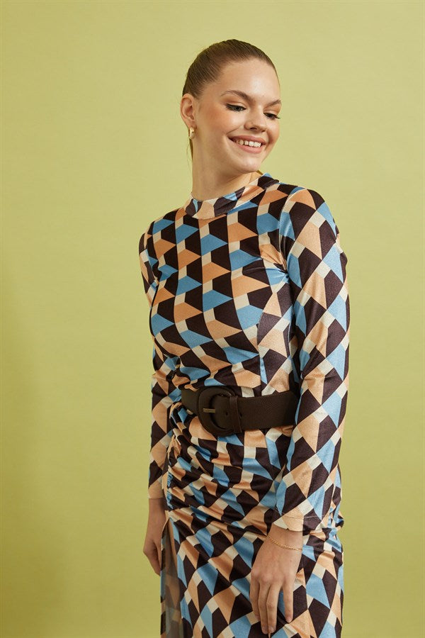 Blue-Brown Geometric Pattern Belt Dress