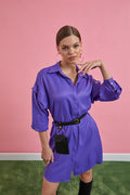 purple belted long sleeve shirt dress