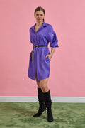 purple belted long sleeve shirt dress