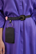 purple belted long sleeve shirt dress