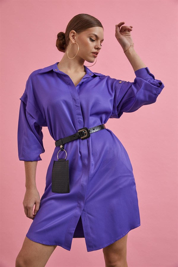 purple belted long sleeve shirt dress