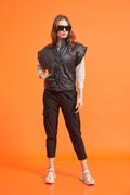 black snap leather vest