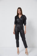 Black V-Neck Waist Fitted Leather Jumpsuit