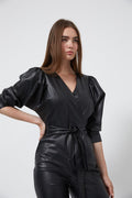 Black V-Neck Waist Fitted Leather Jumpsuit