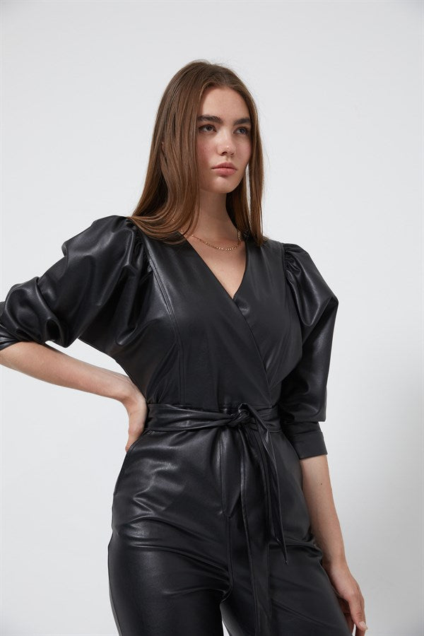 Black V-Neck Waist Fitted Leather Jumpsuit