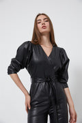 Black V-Neck Waist Fitted Leather Jumpsuit